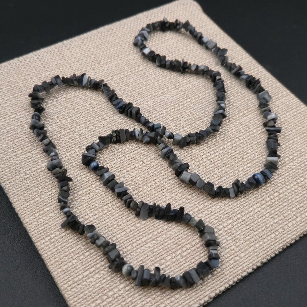 Slip On 17 Inch Dark Tones Shell And Cat's Eye Stones Necklace B992 - Picture 2 of 5